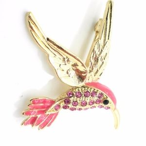 Pink Hummingbird Brooch Pin Crystal Gold Plated